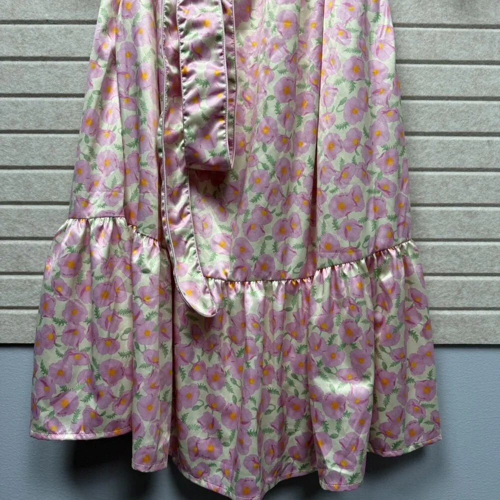 Dondolo Caroline NWT Satin Midi Dress Puff Sleeve Ruffle Floral Women Pink - Picture 4 of 16